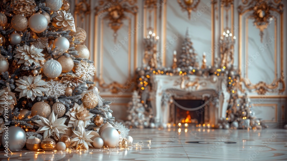 Obraz premium Close up of a beautifully decorated Christmas tree with white and gold accents in a cozy home bokeh banner empty space for design