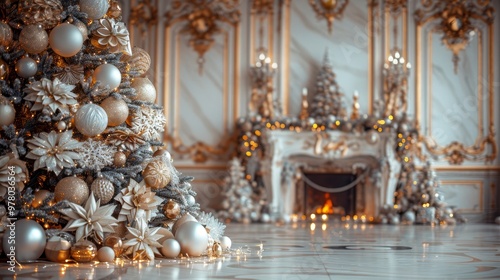 Close up of a beautifully decorated Christmas tree with white and gold accents in a cozy home bokeh banner empty space for design