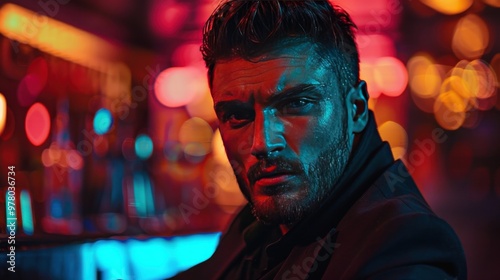 Intense expression of a man in vibrant neon lighting