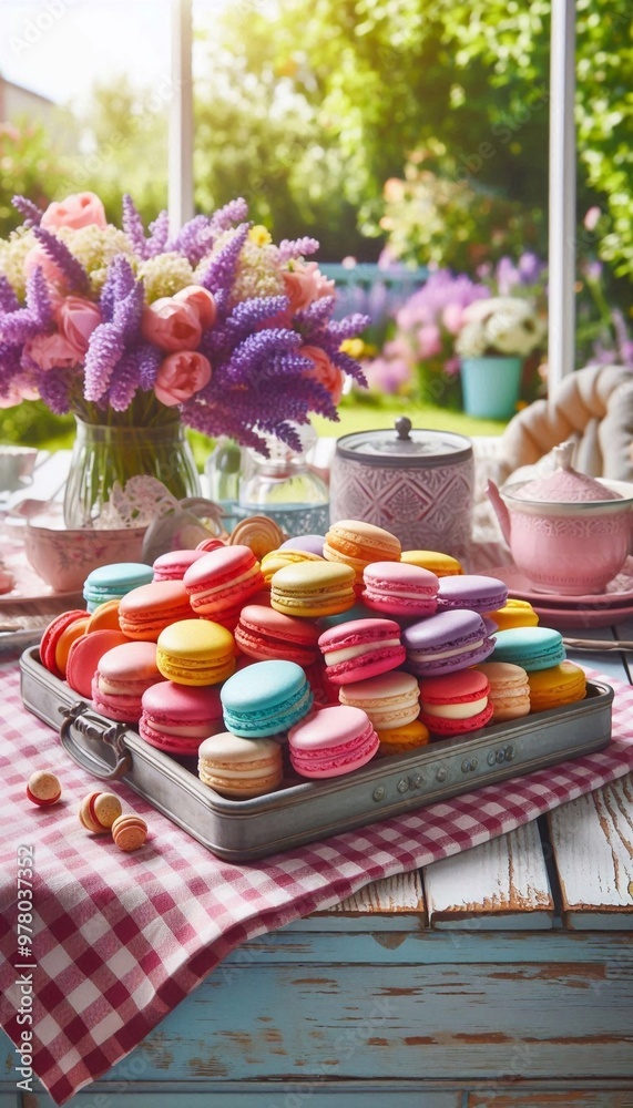 Bunte Macarons auf einem Tisch in einem wunderschönen Garten Bunte Macarons auf einem Tisch in einem wunderschönen Garten