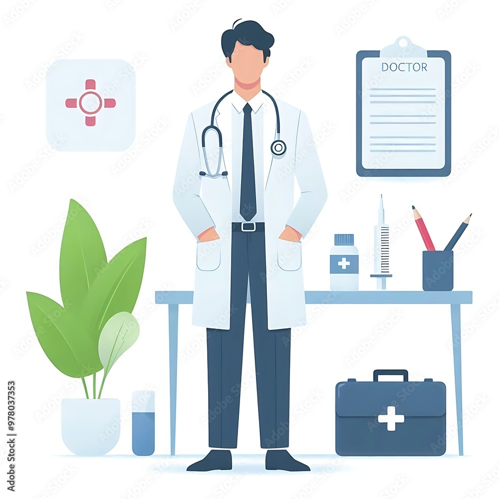 A flat-style illustration of a doctor standing confidently in medical attire. Perfect for healthcare, medical services, and wellness content. Clean, minimalistic design with a professional look. A flat-style illustration of a doctor standing confidently in medical attire. Perfect for healthcare, medical services, and wellness content. Clean, minimalistic design with a professional look.