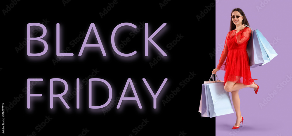 Fototapeta premium Beautiful young happy woman with shopping bags on purple background. Summer sale concept