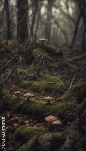 A serene forest scene with moss-covered ground and delicate mushrooms emerging among twisted tree roots.