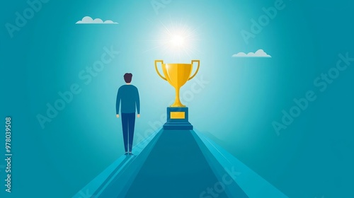 Business Achieve Success Goal Pathway leading to a shining trophy, symbolizing business journey to success, no face, flat design illustration photo