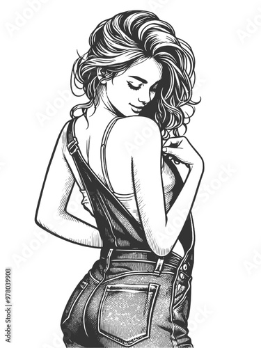 Playful smiling beautiful young woman in denim overalls unbuttoning one strap with a flirty smile sketch engraving generative ai vector illustration. Scratch board imitation. Black and white image.