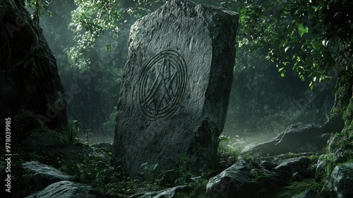 A Carved Stone Monolith in a Lush, Misty Forest