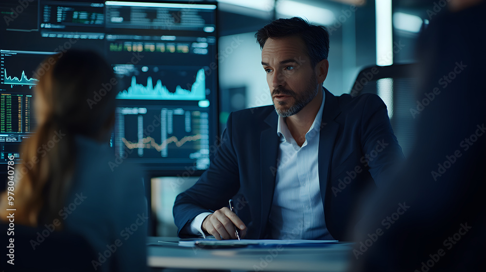 Financial advisor reviewing stock portfolio with client at modern office