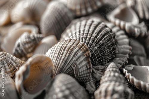 Toned image of many sea shells in pile. Lots of scallop seashells piled together background