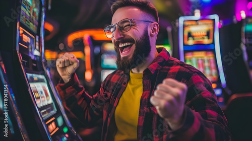 Player celebrating jackpot win at casino slot machine photo