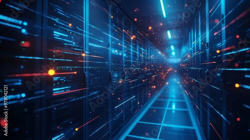 Wallpaper Mural Futuristic server room with digital data streams in blue and orange Torontodigital.ca