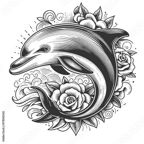 dolphin tattoo style surrounded by roses and swirling water, marine life with floral elements sketch engraving generative ai vector illustration. Scratch board imitation. Black and white image