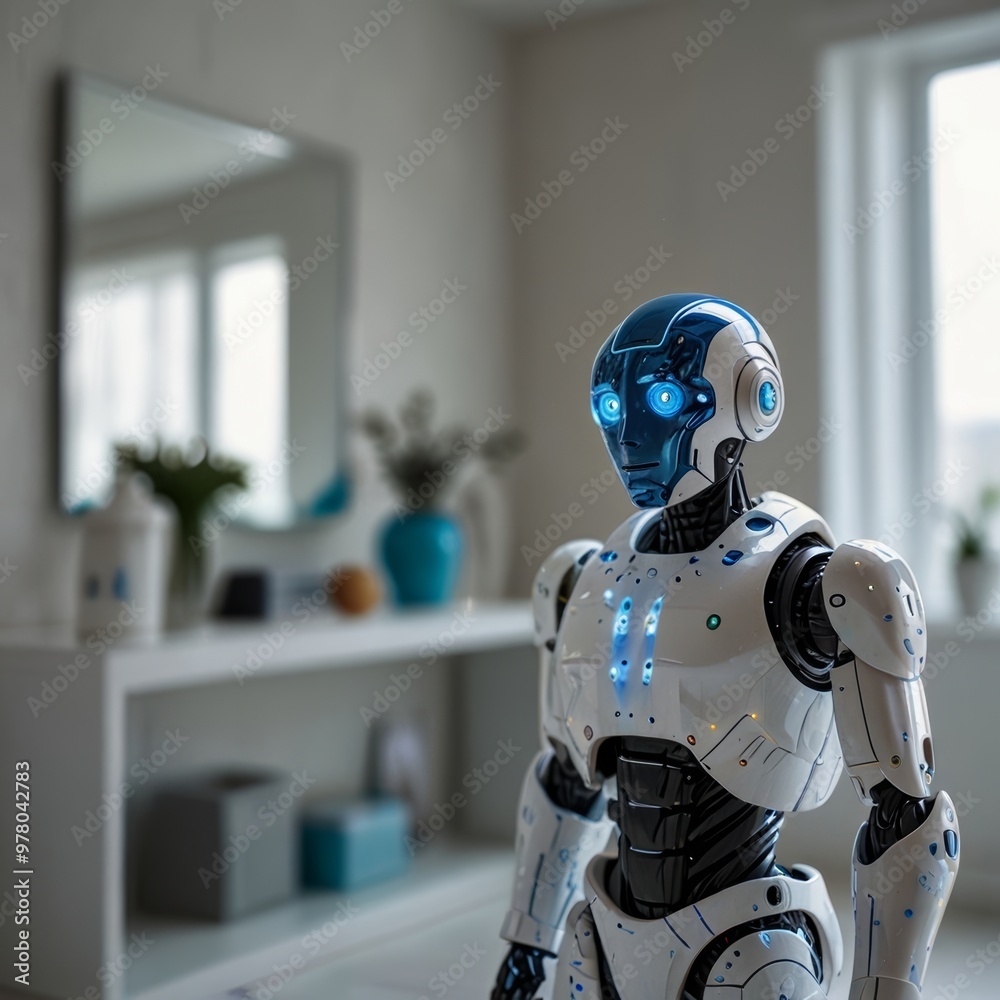 A sleek humanoid robot designed for home assistance is shown in a futuristic home A sleek humanoid robot designed for home assistance is shown in a futuristic home