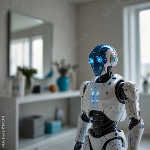 A sleek humanoid robot designed for home assistance is shown in a futuristic home