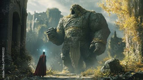 A cloaked figure stands before a colossal, moss-covered stone giant in a mystical, overgrown landscape. photo