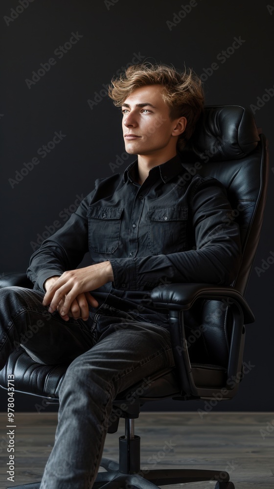 Young man seated in a black chair against a dark backdrop Young man seated in a black chair against a dark backdrop