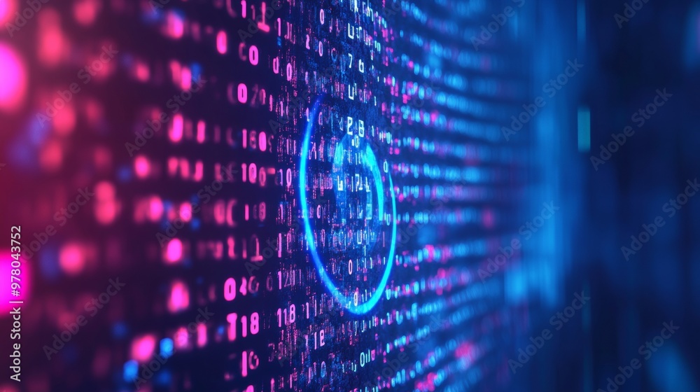 Binary code with glowing digital circle in a futuristic cyber environment