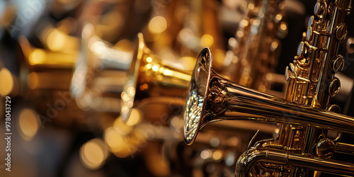 Harmonic Haze of Brass: A row of gleaming trumpets, saxophones, and trombones.