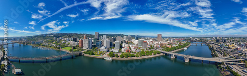 Portland Oregon Skyline Willamette River Downtown Aerial Drone View Panorama