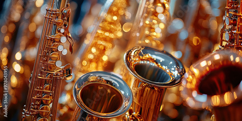 Jazzy Sway of Reeds: A group of soprano, alto, tenor, and baritone saxophones.