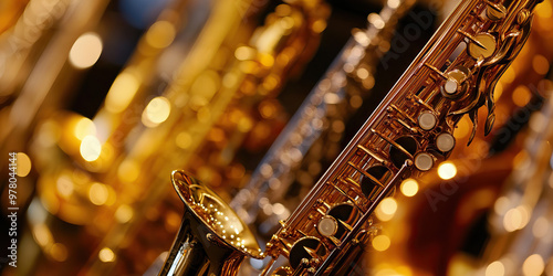 Jazzy Sway of Reeds: A group of soprano, alto, tenor, and baritone saxophones.