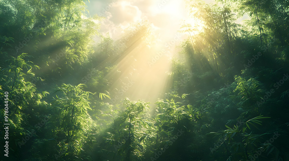 Fototapeta premium Sunlight Through Bamboo Forest - Realistic Illustration