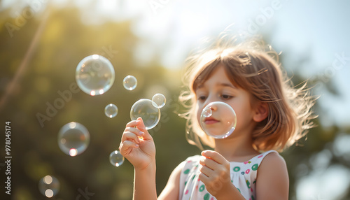 abstract blurred sunny natural background with girl blowing soap bubbles outdoor. dreaming, harmony peaceful atmosphere. Happy childhood concept. template for design isolated with white highlights, 