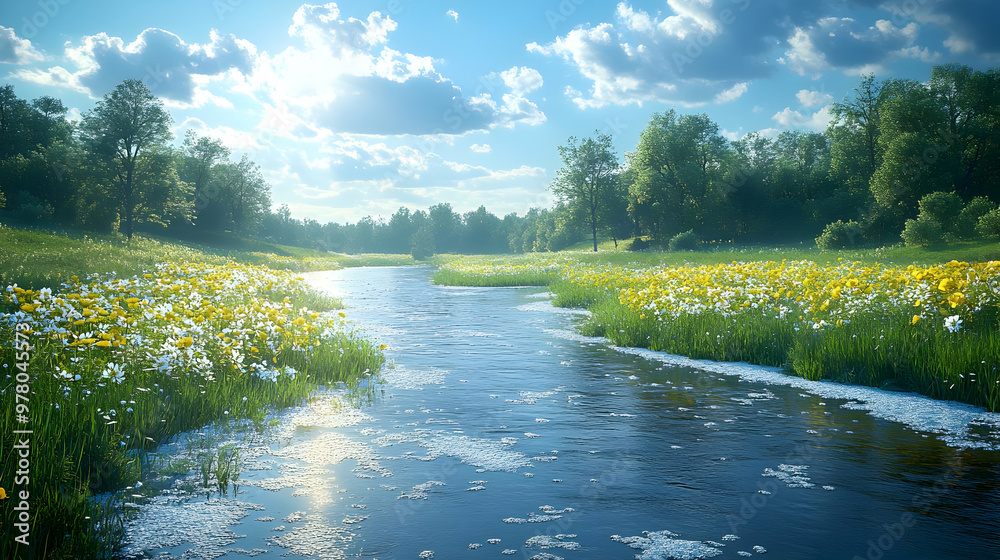 Fototapeta premium Summer Stream with Flowers and Blue Sky - 3D Illustration