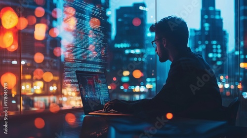 Man working on a laptop in front of a large window overlooking city lights