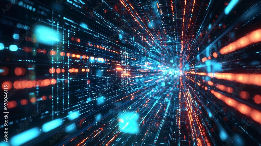 Fototapeta premium Abstract digital data stream with glowing light particles