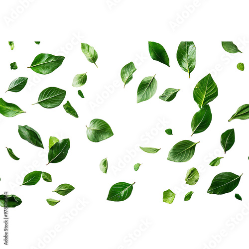 A group of green leaves falling through the air, cut out