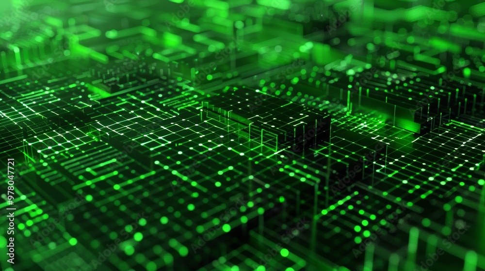 Isometric Matrix Code with Glowing Green Digits on Abstract Digital Background