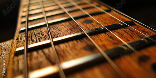 Fretboard Frenzy: A close-up shot of a guitar fretboard, its intricate pattern of frets and strings.