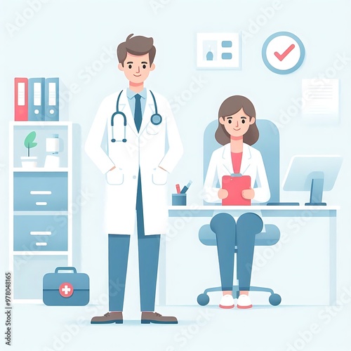 A flat-style illustration of a doctor standing confidently in medical attire. Perfect for healthcare, medical services, and wellness content. Clean, minimalistic design with a professional look.