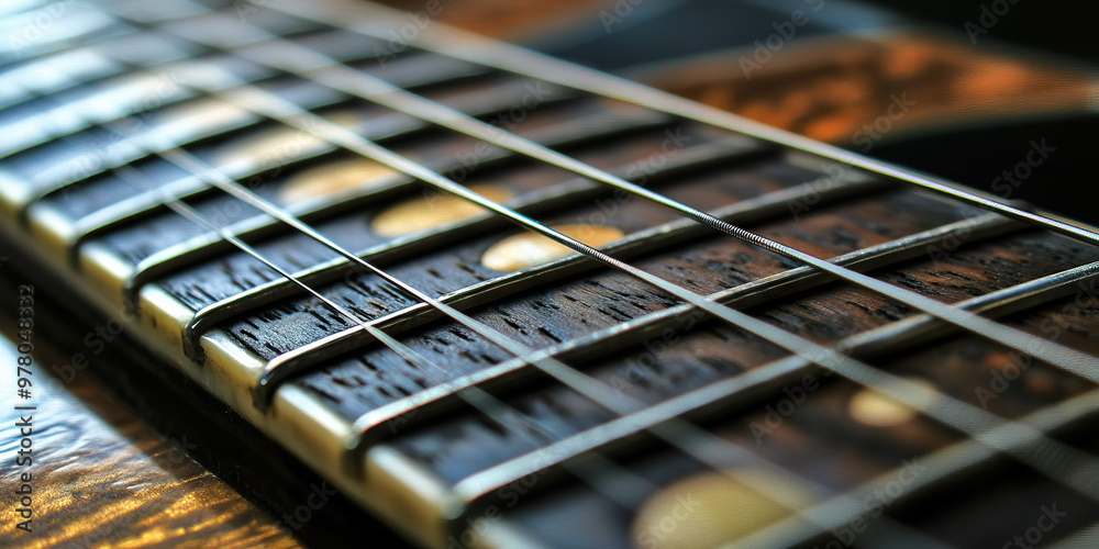Fretboard Frenzy: A close-up shot of a guitar fretboard, its intricate pattern of frets and strings. Fretboard Frenzy: A close-up shot of a guitar fretboard, its intricate pattern of frets and strings.
