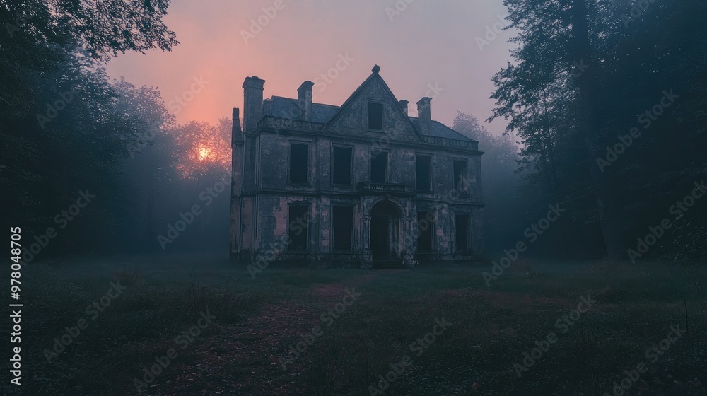 A large abandoned house stands in a foggy forest. Perfect for a spooky or eerie scene. A large abandoned house stands in a foggy forest. Perfect for a spooky or eerie scene.