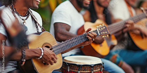 Frenzied Fusion - A group of musicians playing various instruments together, their faces filled with joy and passion.