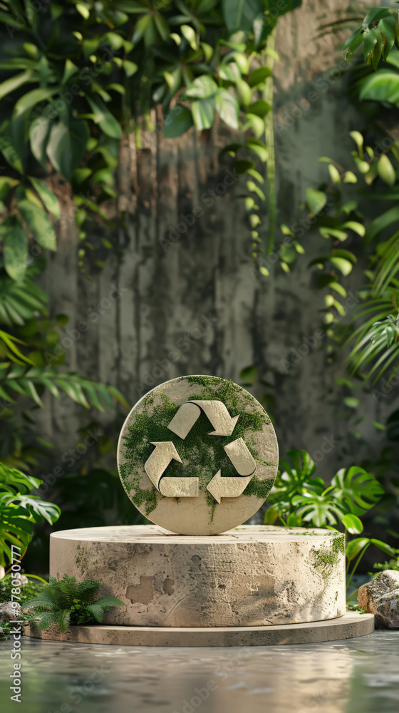 Moss-Covered Recycle Symbol with Green Leaves Backdrop Moss-Covered Recycle Symbol with Green Leaves Backdrop