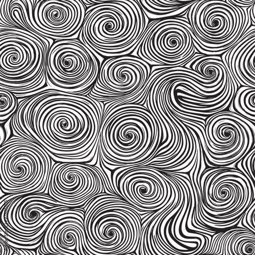 Repeating swirl pattern in black and white on a seamless background design.