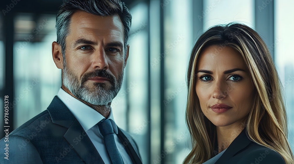 A Confident Business Couple Posing Together in a Modern Office Setting A Confident Business Couple Posing Together in a Modern Office Setting