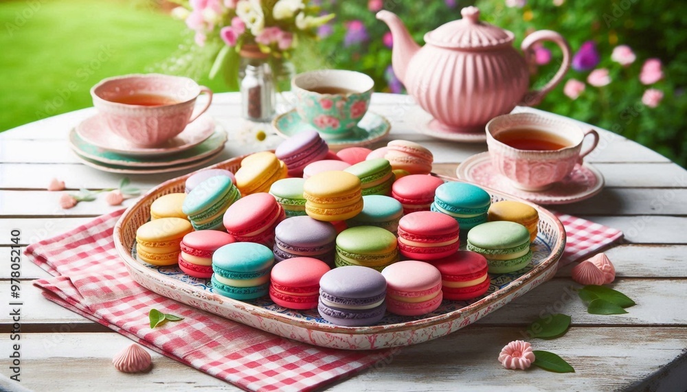 Bunte Macarons auf einem Tisch in einem wunderschönen Garten Bunte Macarons auf einem Tisch in einem wunderschönen Garten