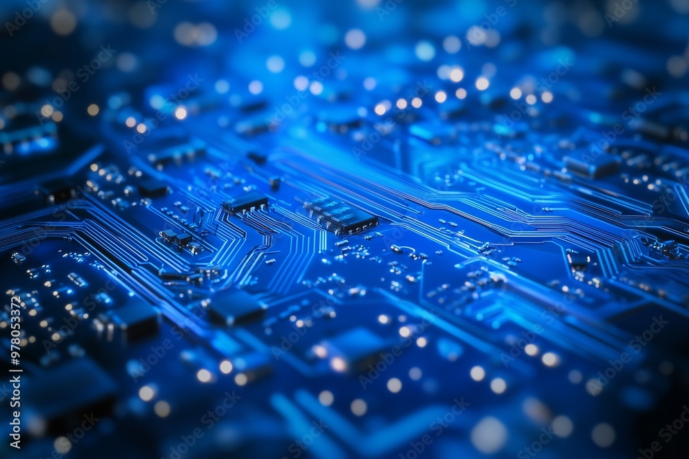 Close-Up of Blue Circuit Board with Microchips and Electronic Components Close-Up of Blue Circuit Board with Microchips and Electronic Components
