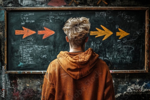 Man standing in front of chalkboard with arrows pointing right and left symbolizing complexity of decision making conflicting choices and challenge of navigating through personal or career crossroads