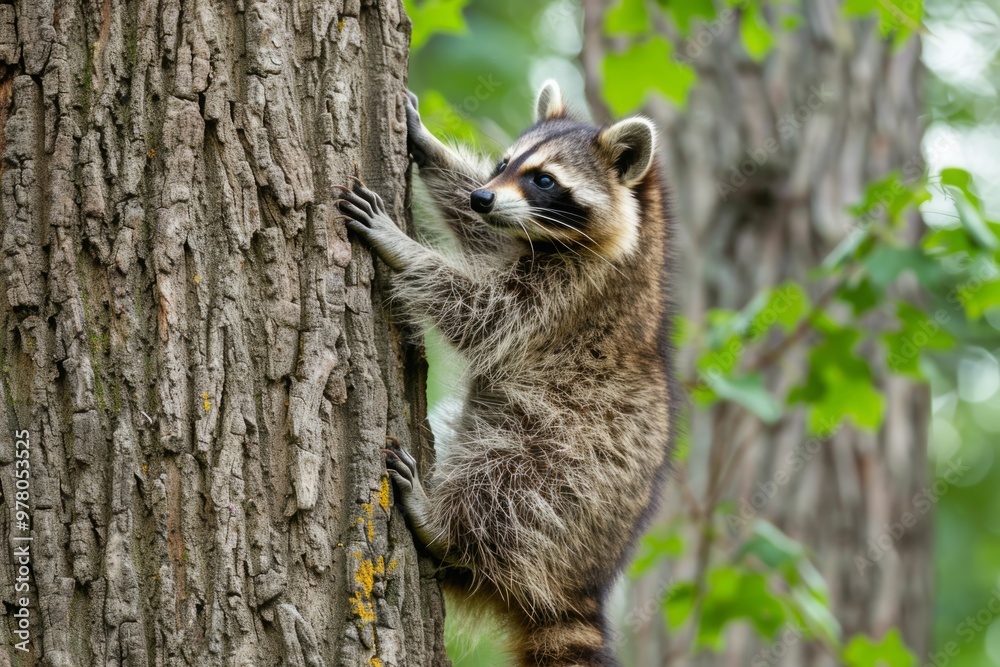 Obraz premium A raccoon climbing a tree with agility and speed, its paws gripping the bark with ease