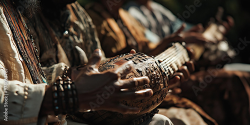 Ethereal Ensemble - A group of ethnic musicians playing intricately carved wooden instruments, their music resonating with the spirit of their ancestors. photo