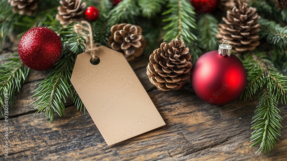 Obraz premium A blank tag placed among pine cones, red ornaments
