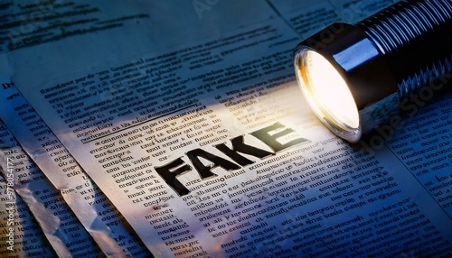 A flashlight illuminates the word 'FAKE' on a newspaper photo