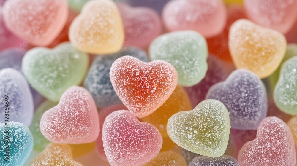 A pile of heartshaped gummy candies in various pastel colors A pile of heartshaped gummy candies in various pastel colors