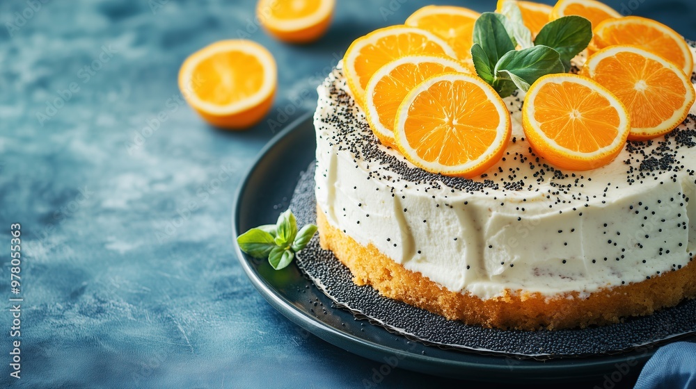 Vegan citrus cake with poppy seeds on blue linen Vegan citrus cake with poppy seeds on blue linen