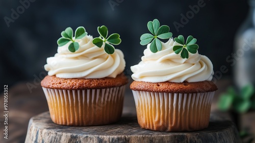 Wallpaper Mural Two Cupcakes With White Frosting and Green Clover Leaves Torontodigital.ca