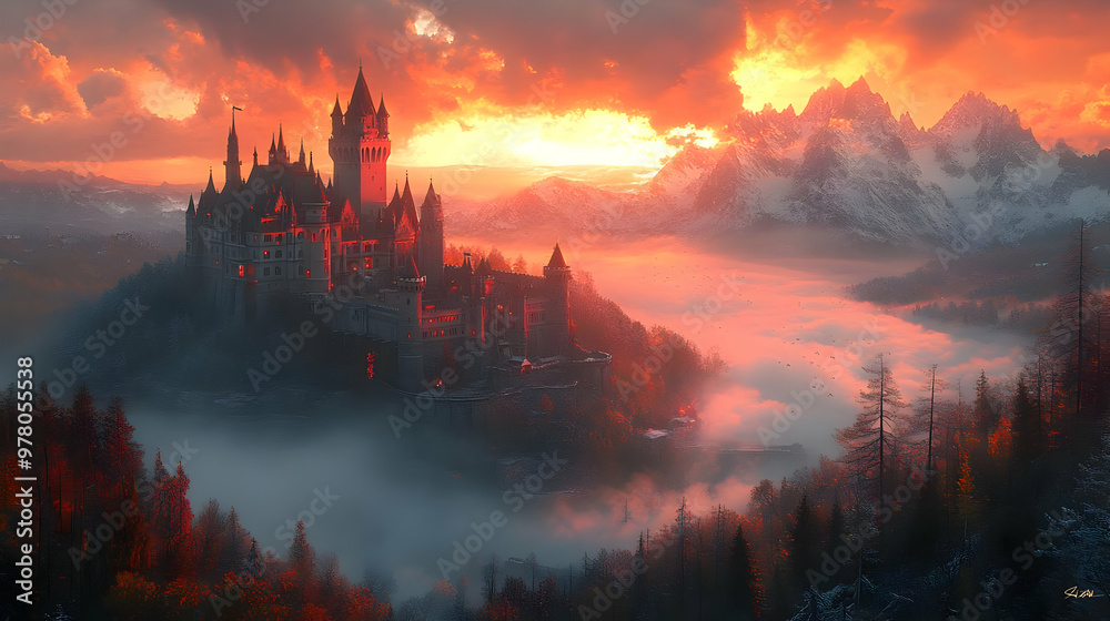 Fantasy Castle Illustration in the Mountains at Sunset Fantasy Castle Illustration in the Mountains at Sunset